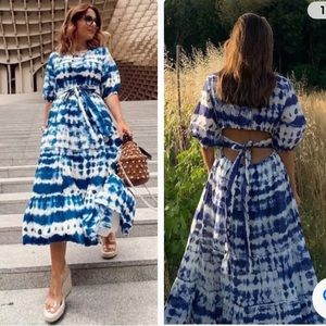 Mango MNG Tie Dye Cotton Dress New Blue Ties Open Back Cut Out